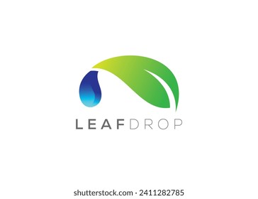 Water drop and Green leaf logo design vector template. Natural water drop vector logo