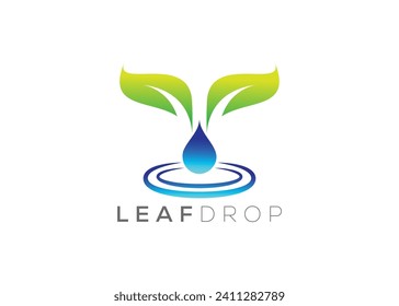 Water drop and Green leaf logo design vector template. Natural water drop vector logo