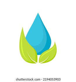 El agua deja caer el logo de purificación de agua de hoja verde plano. Fuente de agua natural beber agua purificada conservación del mar ambiental logotipo de la empresa pegatinas eco amigable anuncios web concepto de negocios simple aislado