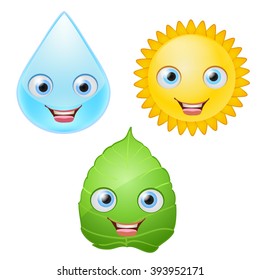 water drop, green leaf, sun icons 