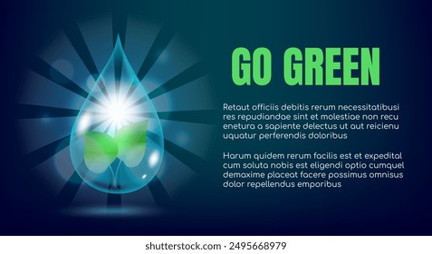 Water drop with green leaves inside poster. Environment friendly research design template isolated vector illustration