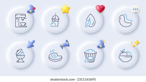 Water drop, Grilled steak and Coffee maker line icons. Buttons with 3d bell, chat speech, cursor. Pack of Grill, Ice cream milkshake, Cashew nut icon. Fruits, Popcorn pictogram. Vector