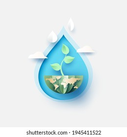 El agua cae con plantas en crecimiento. El papel es un arte de ahorrar agua para la ecología y la conservación del medio ambiente.Ilustración vectorial.