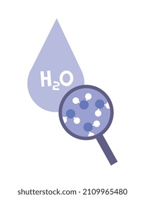 Water drop h2o molecule and magnifying glass flat vector illustration
