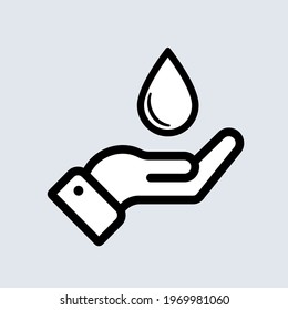 Water drop in hand icon. Save water concept. Wash your hand concept. Vector EPS 10. Isolated on background.