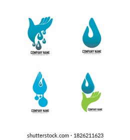 Water drop in Hand Logo design vector template. Save Aqua icon. Water drop liquid Oil Logotype concept icon.
