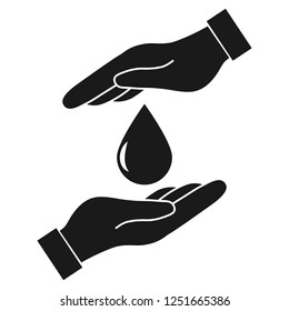 Water drop in hand. Protection vector icon on white background