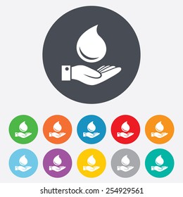 Water drop and hand sign. Save water symbol. Round colourful 11 buttons. Vector