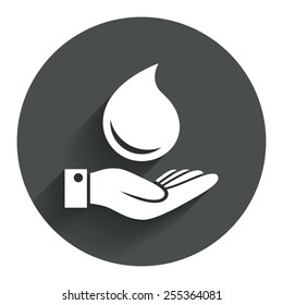 Water drop and hand sign. Save water symbol. Circle flat button with shadow. Modern UI website navigation. Vector