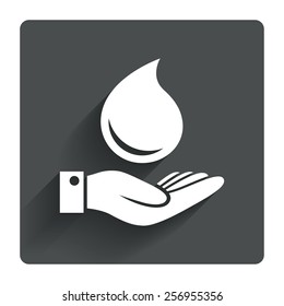Water drop and hand sign. Save water symbol. Gray flat square button with shadow. Modern UI website navigation. Vector