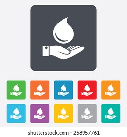Water drop and hand sign. Save water symbol. Rounded squares 11 buttons. Vector