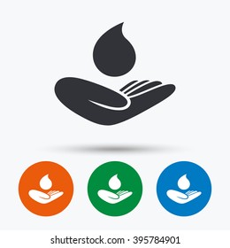 Water drop and hand sign. Save water symbol. Flat icon in circles. Round buttons for web. Vector