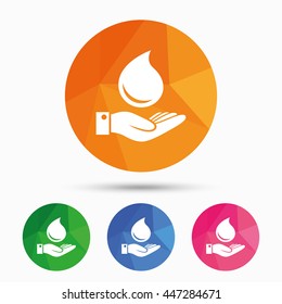 Water drop and hand sign. Save water symbol. Triangular low poly button with flat icon. Vector