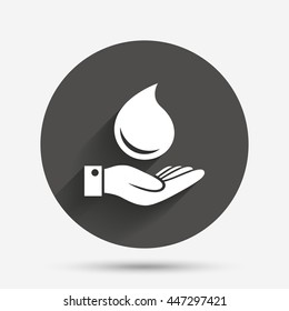 Water drop and hand sign. Save water symbol. Circle flat button with shadow. Vector