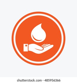 Water drop and hand sign. Save water symbol. Graphic design element. Flat water drop symbol on the round button. Vector