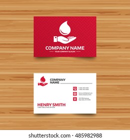 Water drop and hand sign. Save water symbol. Business card template with phone, globe and pointer icons. Visiting card design. Vector
