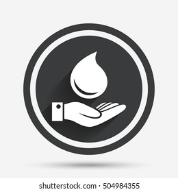 Water drop and hand sign. Save water symbol.