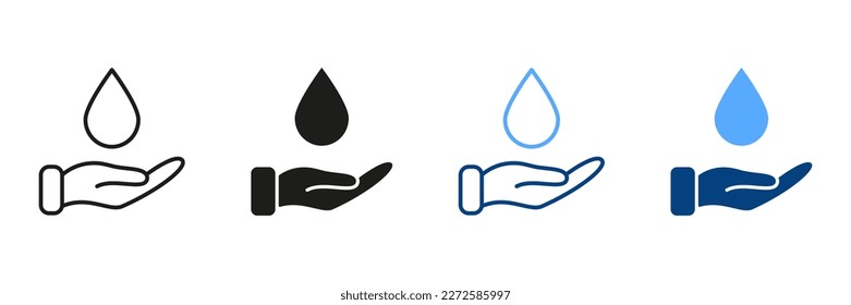 Water Drop with Hand Silhouette and Line Icon Set. Charity, Care, Save Ecology, Volunteering, Donate Symbol Collection. Save Water and Help for Poor and Homeless Icon. Isolated Vector Illustration.