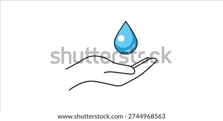 Water drop in hand vector illustration, blue droplet on open palm symbol, water conservation care logo vector graphic isolated on white background