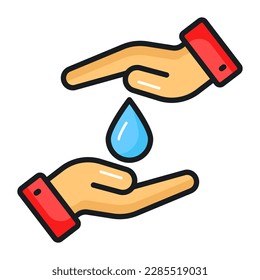 Water drop in hands denoting icon of water saving in modern style, easy to use vector, world earth day icon