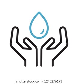 Water drop in hands. Simple flat design. Isolate on white background.