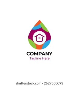 Water drop home logo. Colorful droplet house icon. 