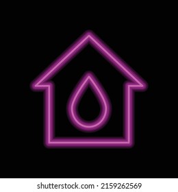 Water drop, house simple icon vector. Flat design. Purple neon style on black background.ai