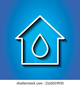 Water drop, house simple icon vector. Flat design. White icon with shadow on blue background.ai