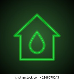 Caída de agua, portador de ícono de casa simple. Diseño plano. Neón verde sobre fondo negro con luz verde.ai
