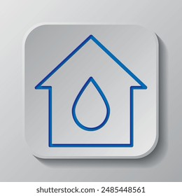 Water drop, house simple icon vector. Flat design. Paper cut design. Cutted blue symbol with shadow. Gray badge button, gray background.ai