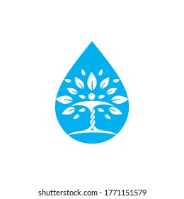 Caer de agua con el diseño del logo vectorial del icono del árbol humano. Logotipo de manantial de agua de la planta de la naturaleza lanza el vector de diseño natural.