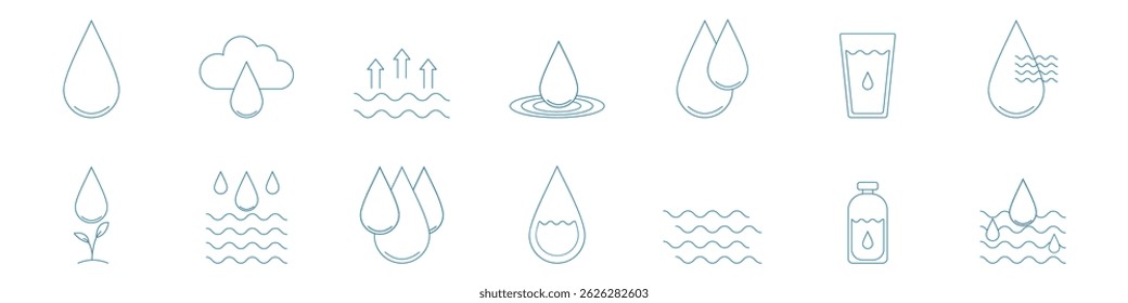 Conjunto de Ícones de Queda de Água e Linha de Hidratação
