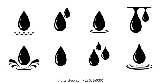 Water drop icon. Black liquid droplet silhouette. Set of raindrop with splash. Collection of simple blood drops. vector illustration