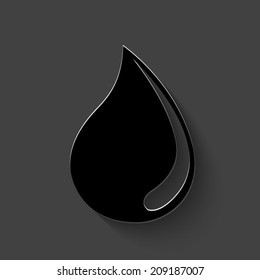 Water drop icon - black vector illustration with shadow on dark background