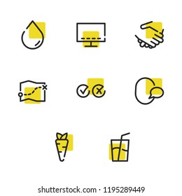 Water drop icon with carrot, map and soda symbols. Set of talking, carrot, cross tick icons and checkbox concept. Editable vector elements for logo app UI design.