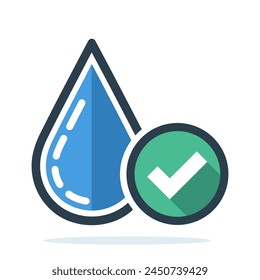 Water drop icon with checkmark. Clean water concept. Drinkable water icon isolated on white background. Vector illustration