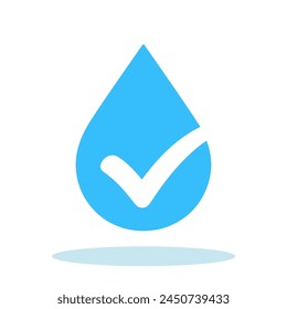 Water drop icon with checkmark. Clean water concept. Drinkable water icon isolated on white background. Vector illustration