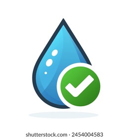 Water drop icon with checkmark. Clean water concept. Drinkable water icon isolated on white background. Vector illustration