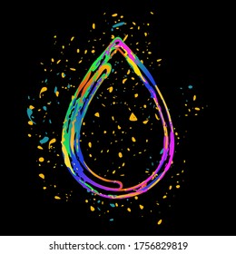 Wassertropfsymbol. Farbige Tinte mit Splätzen auf schwarzem Hintergrund