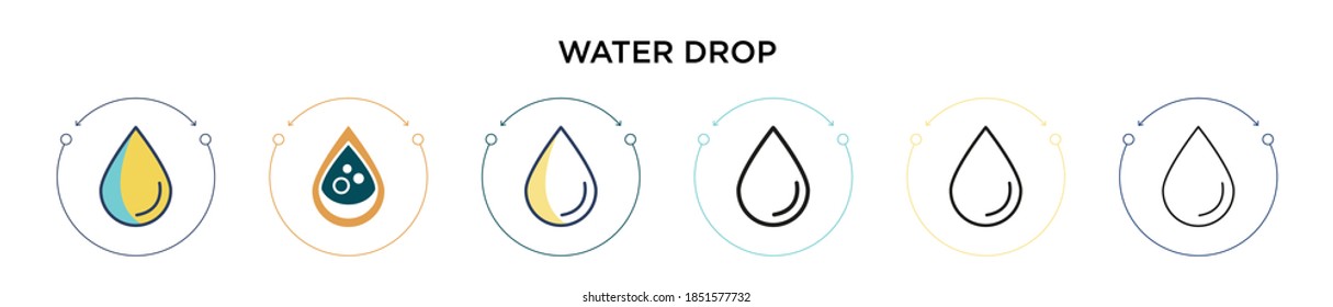 Water drop icon in filled, thin line, outline and stroke style. Vector illustration of two colored and black water drop vector icons designs can be used for mobile, ui, web