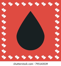 Water drop icon flat. Simple black pictogram on red background with white hearts for valentines day. Vector illustration symbol