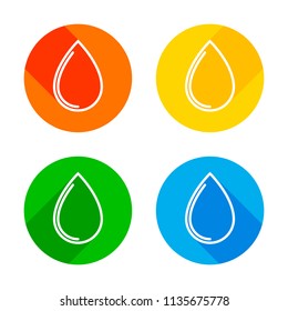 water drop icon. Flat white icon on colored circles background. Four different long shadows in each corners