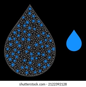 Water drop icon and glowing mesh net water drop model with illuminated spots. Illuminated model done from water drop vector icon and triangulated mesh. Glowing carcass water drop,