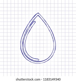 water drop icon. Hand drawn picture on paper sheet. Blue ink, outline sketch style. Doodle on checkered background