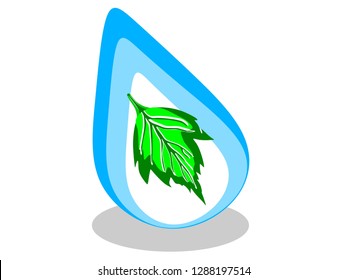Water drop icon with a leaf inside and in vector blue logo with green