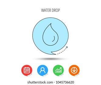 Water drop icon. Liquid sign. Freshness, condensation or washing symbol. Calendar, User and Business Chart, Download arrow icons. Speech bubbles with flat signs. Vector