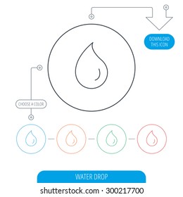 Water drop icon. Liquid sign. Freshness, condensation or washing symbol. Line circle buttons. Download arrow symbol. Vector