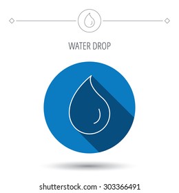 Water drop icon. Liquid sign. Freshness, condensation or washing symbol. Blue flat circle button. Linear icon with shadow. Vector