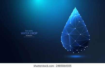 Water drop icon in low poly technology style. Futuristic ecology background. Water liquid wireframe connect element. Vector Illustration.