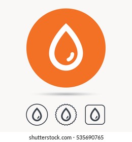 Water drop icon. Natural aqua symbol. Orange circle button with web icon. Star and square design. Vector